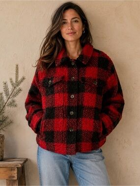 Sundance sz PL shacket blue rust colored plaid button front 23.5” P2P x23.5”L
